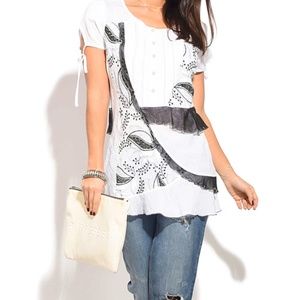 White Paisley-Contrast Ruffle Button-Front Tunic -